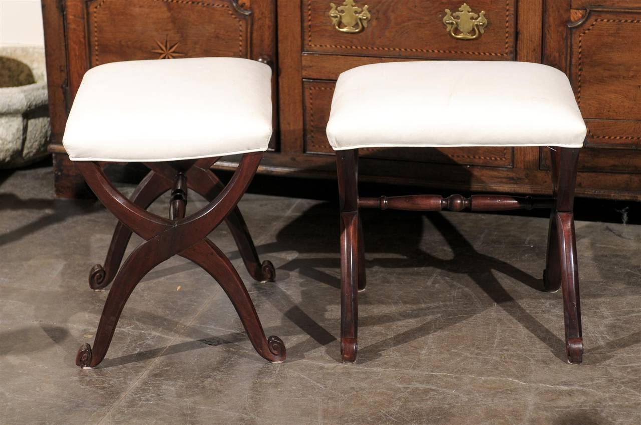 Pair of 1880s French Dark Mahogany X-Form Stools with New Muslin Upholstery 2