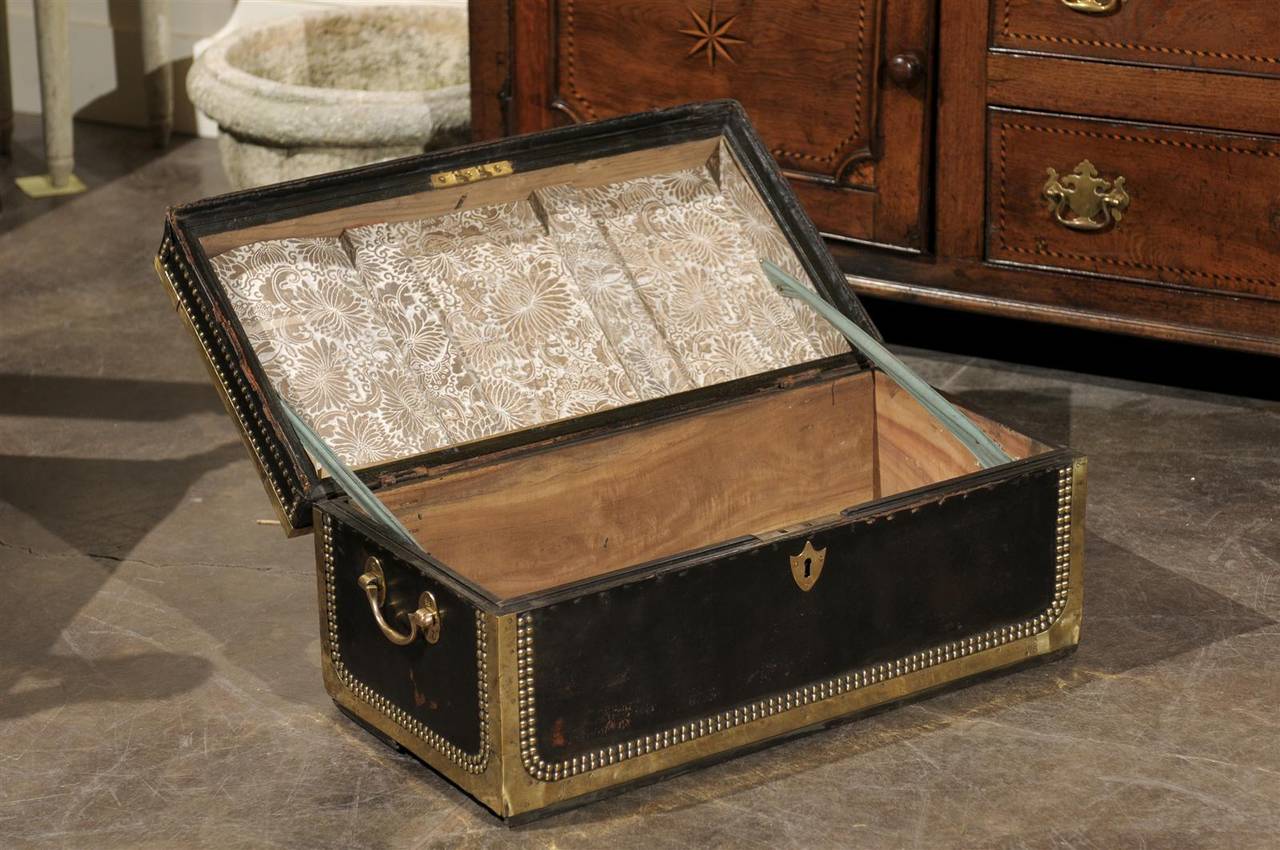 English Mid-19th Century Camphor Wood Trunk, Leather and Brass Bound For Sale 4
