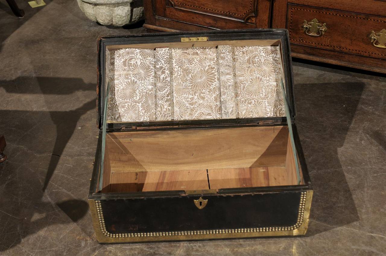 English Mid-19th Century Camphor Wood Trunk, Leather and Brass Bound For Sale 3