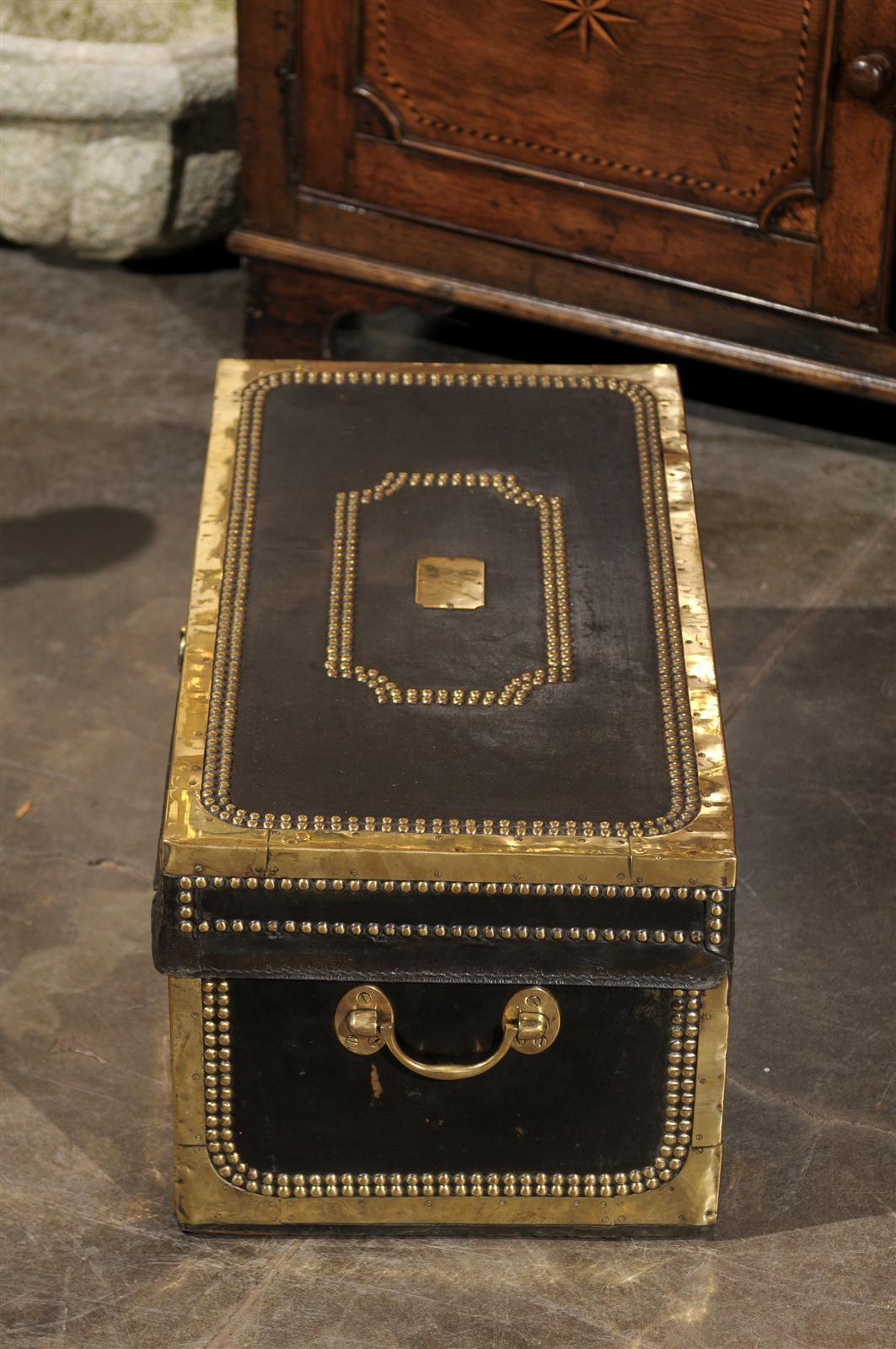 Campaign English Mid-19th Century Camphor Wood Trunk, Leather and Brass Bound For Sale