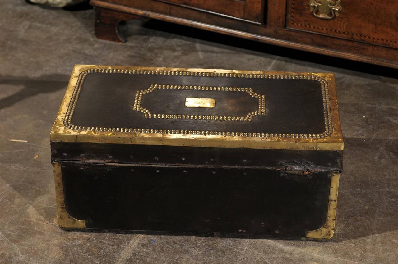 English Mid-19th Century Camphor Wood Trunk, Leather and Brass Bound In Good Condition For Sale In Atlanta, GA