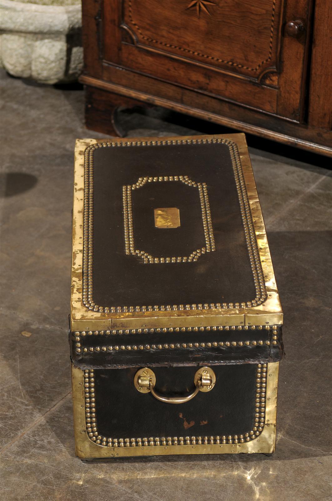 English Mid-19th Century Camphor Wood Trunk, Leather and Brass Bound For Sale 1