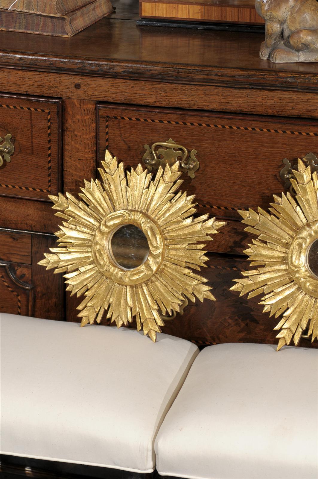 Wood Pair of Small Sunburst Mirrors