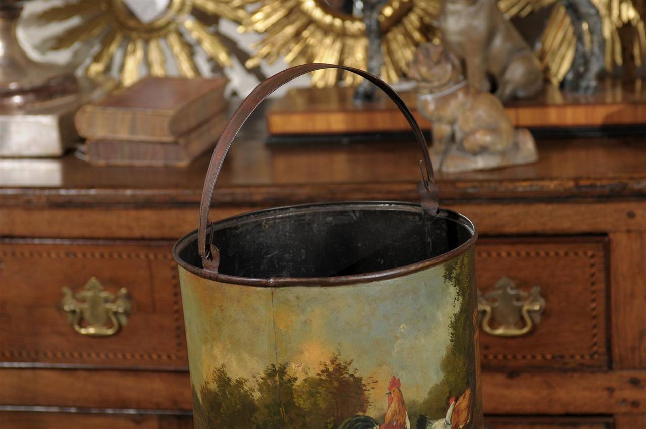 Tôle French Painted Tole Bucket with Bucolic Chicken Barnyard Scene, circa 1880