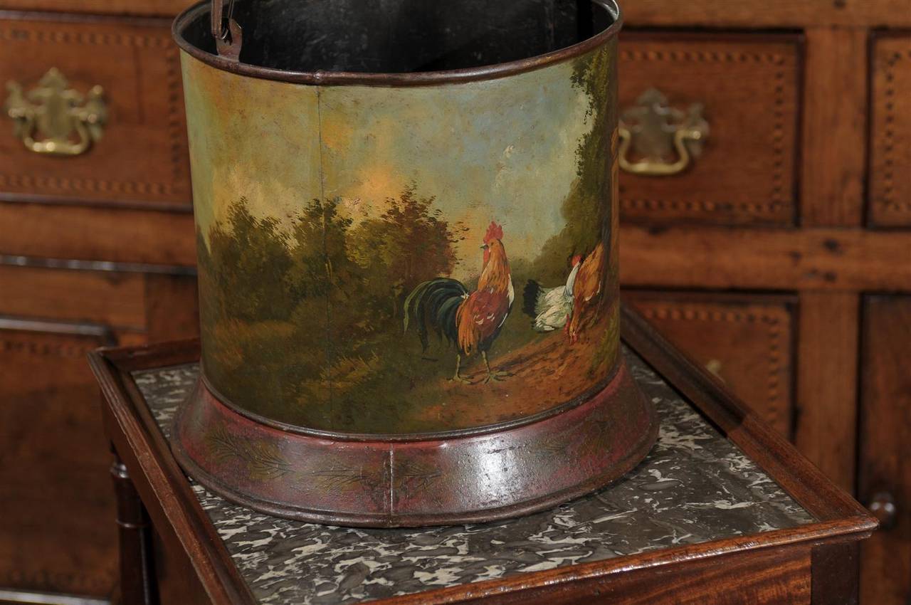 19th Century French Painted Tole Bucket with Bucolic Chicken Barnyard Scene, circa 1880