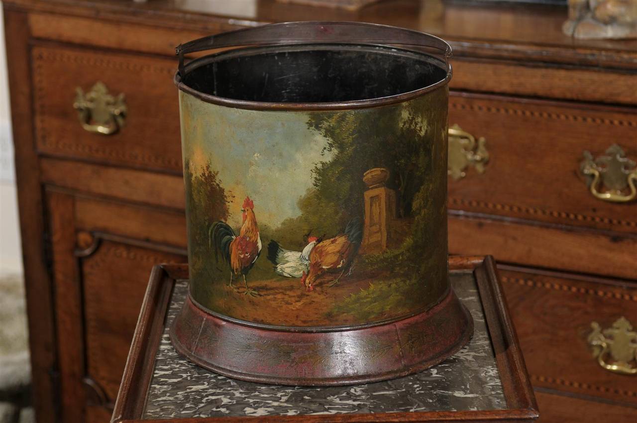 French Painted Tole Bucket with Bucolic Chicken Barnyard Scene, circa 1880 2