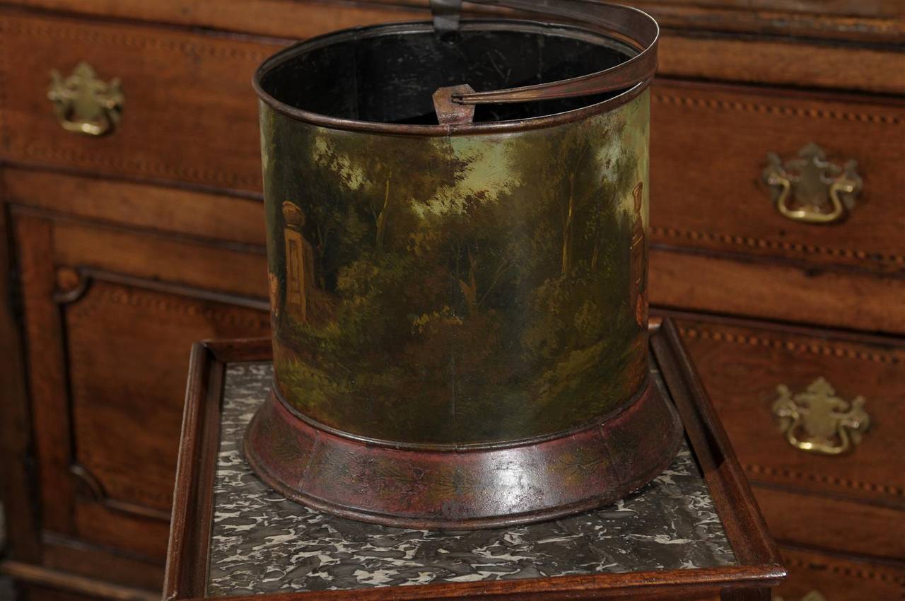 French Painted Tole Bucket with Bucolic Chicken Barnyard Scene, circa 1880 1