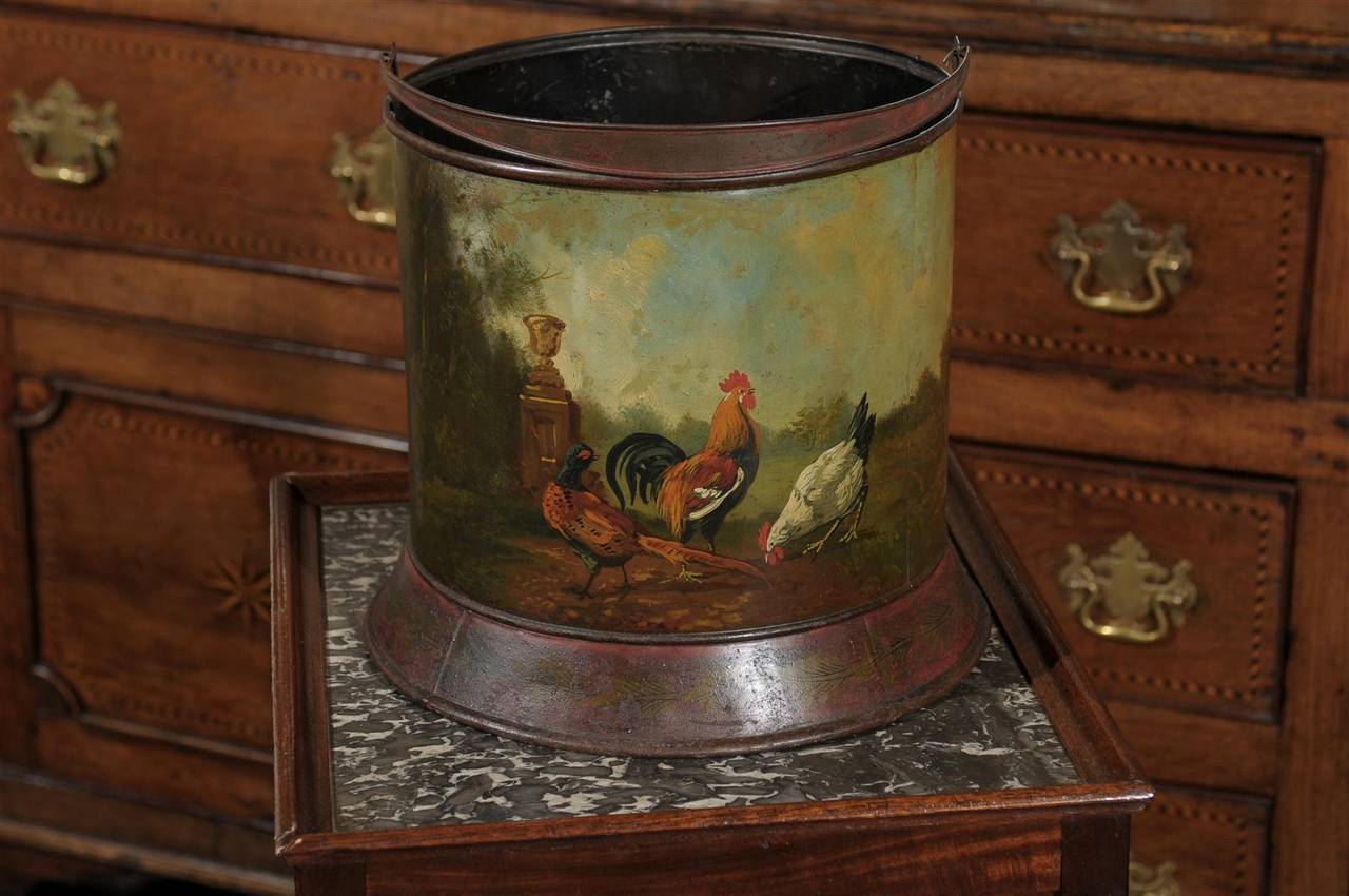 French Painted Tole Bucket with Bucolic Chicken Barnyard Scene, circa 1880 3