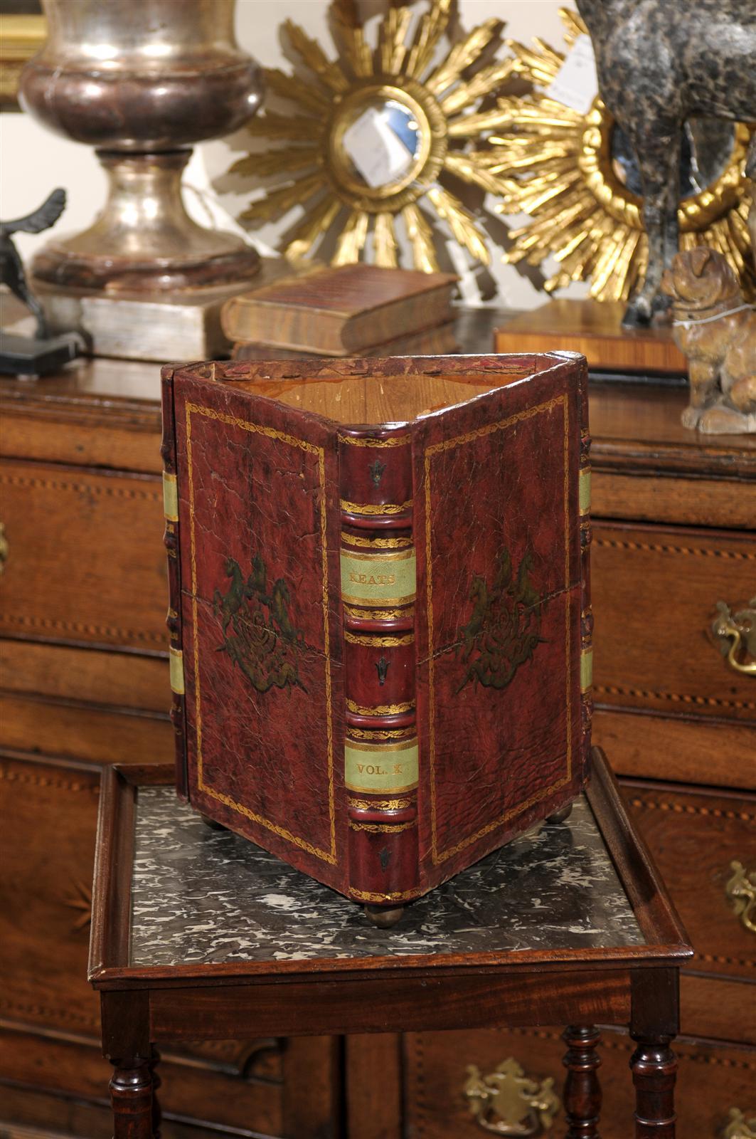 English Vintage Triangular Shaped Leather Book Waste Basket