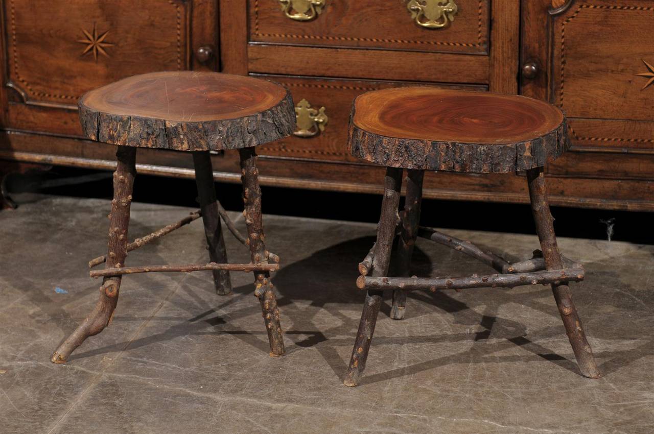 Pair of French Rustic Twig Stools with Round Wooden Top, Mid-20th Century