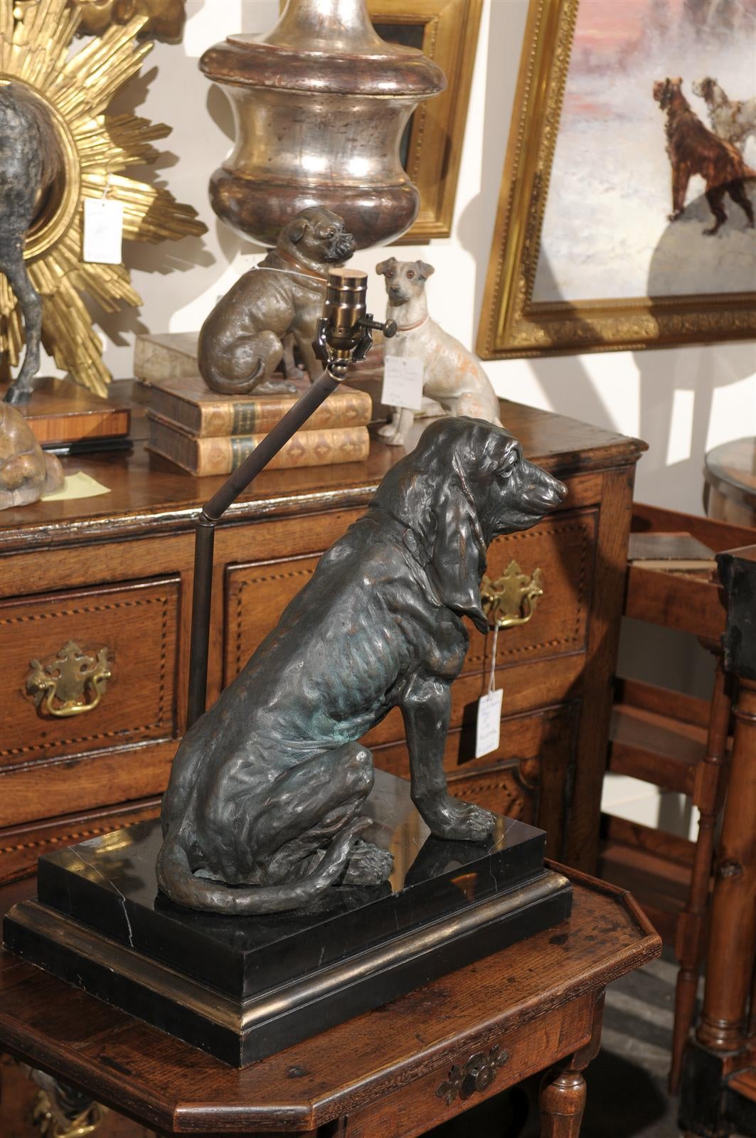American Vintage Bronze Hound Dog Table Lamp on Marble and Wood Base