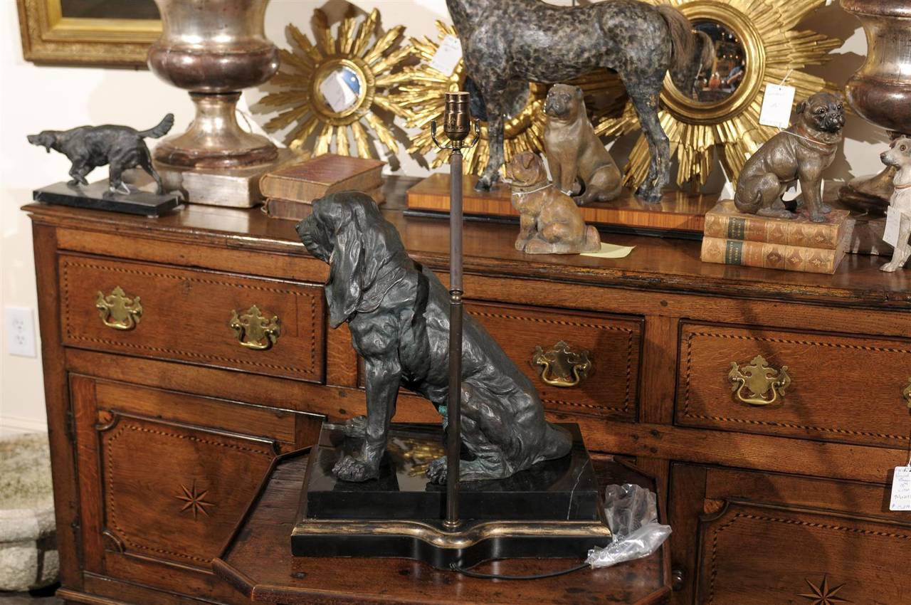 Painted Vintage Bronze Hound Dog Table Lamp on Marble and Wood Base