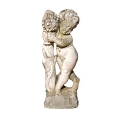 Vintage French Carved Stone Putti Sculpture with Grapes from the Mid 20th Century