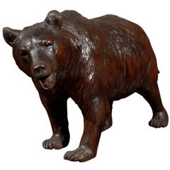 Swiss Black Forest Carved Wood Roaring Bear Sculpture from the Late 19th Century