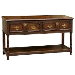 Antique English Mid-19th Century Oak Sideboard with Two Drawers and Lower Shelf