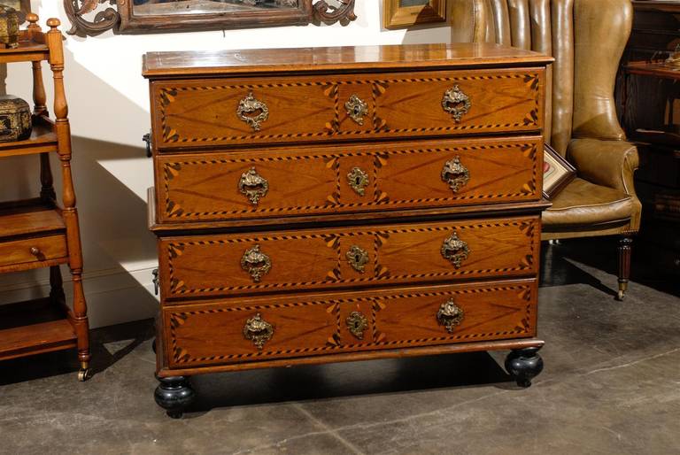 Bronze Italian Late 18th Century Four-Drawer Commode with Marquetry and Banding