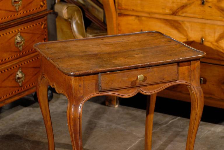 Wood French 1840s Louis XV Style Walnut Side Table Single Drawer and Cabriole Legs