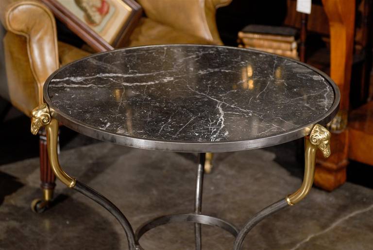French Neoclassical Style Steel and Marble Guéridon Side Table, circa 1950 3