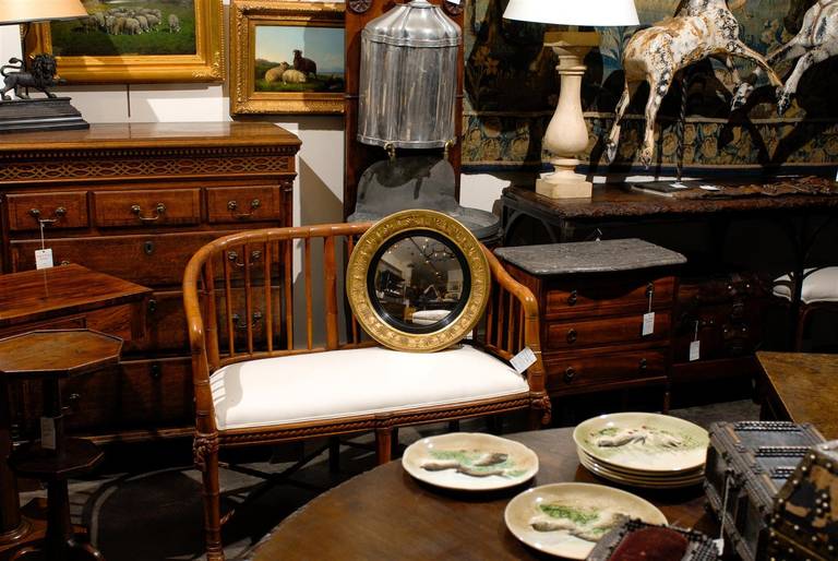Ebonized English Petite Early 19th Century Giltwood Convex Mirror with Foliage Motifs