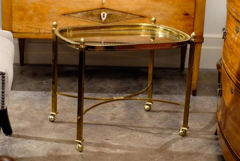 Mid-Century Modern Vintage French Brass and Glass Top Side Table with Half Moon Stretcher