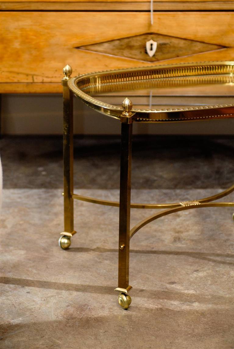 Vintage French Brass and Glass Top Side Table with Half Moon Stretcher 2