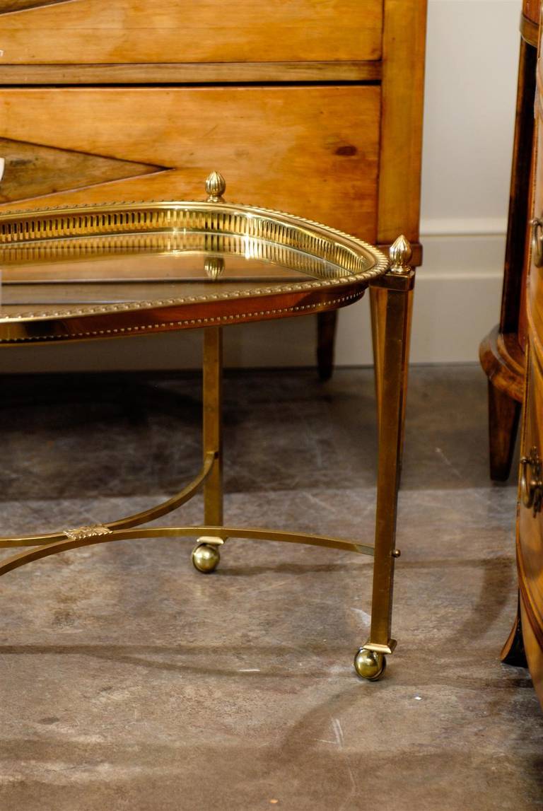 Vintage French Brass and Glass Top Side Table with Half Moon Stretcher 5