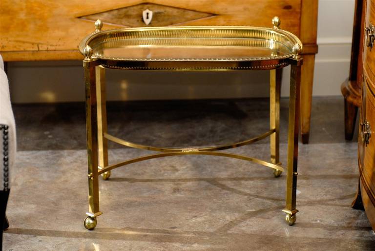 20th Century Vintage French Brass and Glass Top Side Table with Half Moon Stretcher