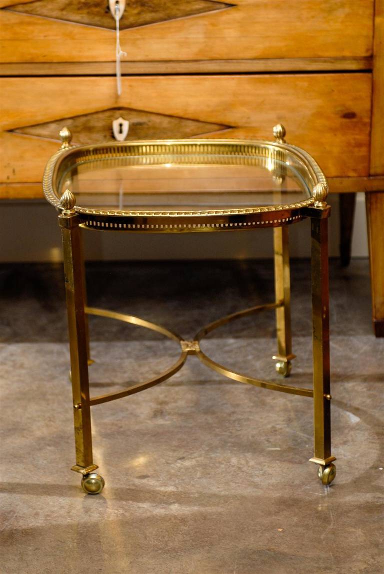 Vintage French Brass and Glass Top Side Table with Half Moon Stretcher 1