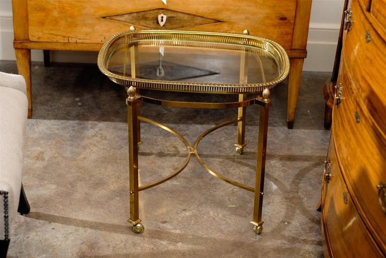 Vintage French Brass and Glass Top Side Table with Half Moon Stretcher 4