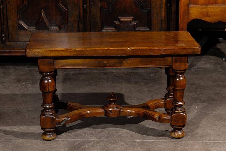 French Walnut Stool or Bench with Carved Stretcher from the Early 20th Century 2