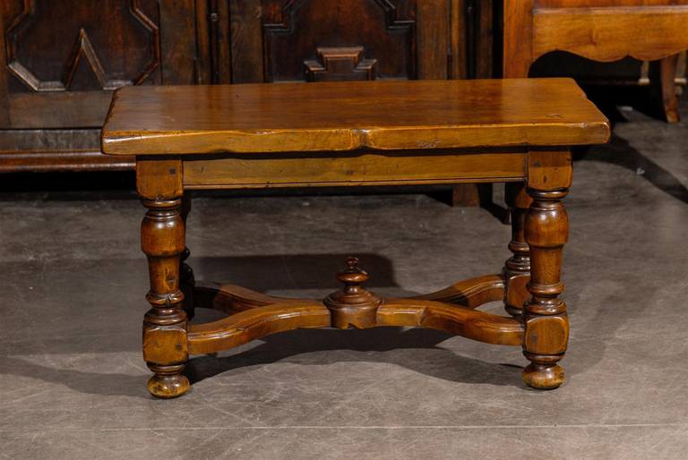 Wood French Walnut Stool or Bench with Carved Stretcher from the Early 20th Century