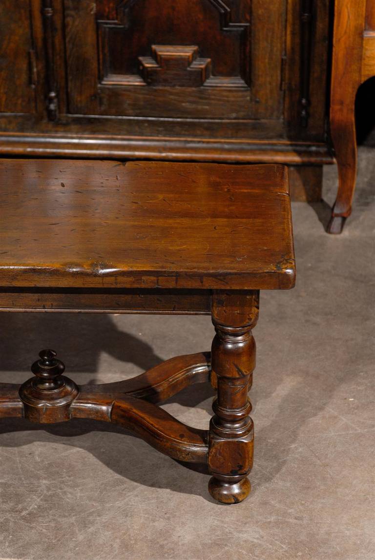 French Walnut Stool or Bench with Carved Stretcher from the Early 20th Century In Good Condition In Atlanta, GA