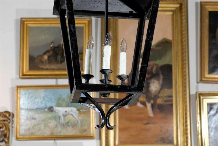 20th Century French Vintage Black Iron Four-Light Lantern with Triangular Top and Scrolls