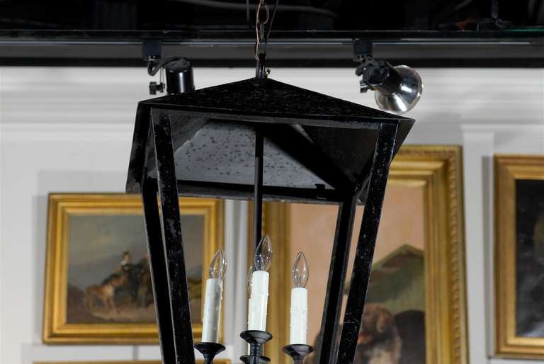 Industrial French Vintage Black Iron Four-Light Lantern with Triangular Top and Scrolls