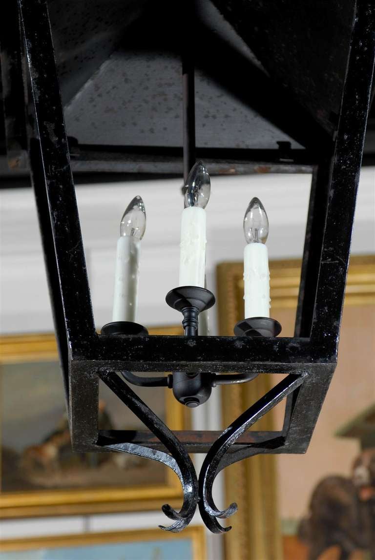 French Vintage Black Iron Four-Light Lantern with Triangular Top and Scrolls 1
