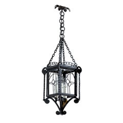 Vintage Small French Iron Three-Light Lantern-Style Chandelier from the 1930s