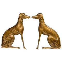 Pair of English Brass Greyhound Dog Andiron Sculptures from the 1930s