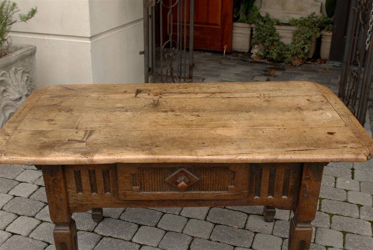 Wood Italian Country Table with Single Drawer, Carved Apron, Tapered Legs, circa 1800 For Sale