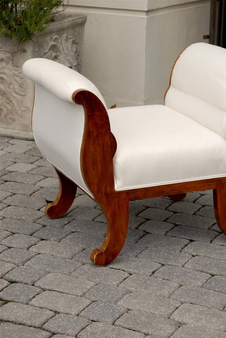 Muslin Austrian 1850s Biedermeier Upholstered Stool with Out-Scrolled Arms and Legs For Sale