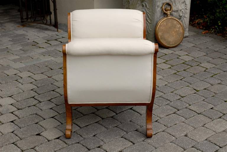 19th Century Austrian 1850s Biedermeier Upholstered Stool with Out-Scrolled Arms and Legs For Sale