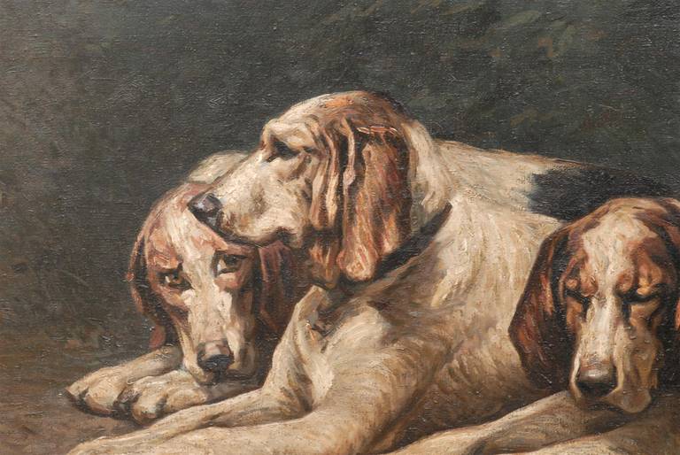 19th Century Large Oil of Reclining Dogs or Hounds