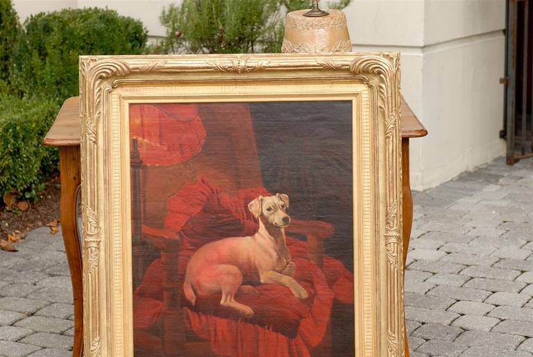 Canvas English Late 19th Century Vertical Oil Painting of a Dog Sitting in an Armchair For Sale