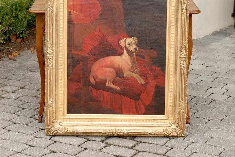 English Late 19th Century Vertical Oil Painting of a Dog Sitting in an Armchair For Sale 4