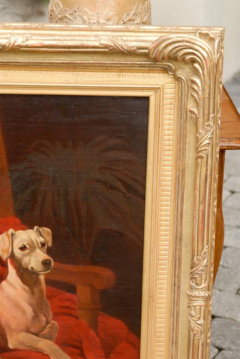 English Late 19th Century Vertical Oil Painting of a Dog Sitting in an Armchair In Good Condition For Sale In Atlanta, GA