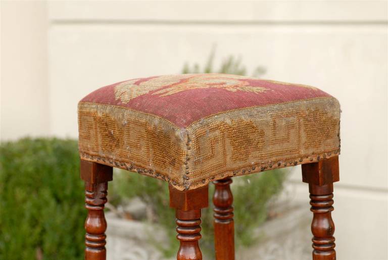 English Yew Wood Stool with Squirrel Themed Needlepoint Upholstery, circa 1860 4