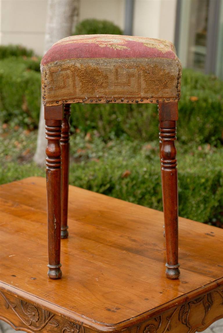English Yew Wood Stool with Squirrel Themed Needlepoint Upholstery, circa 1860 2