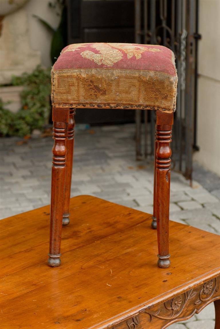 English Yew Wood Stool with Squirrel Themed Needlepoint Upholstery, circa 1860 3