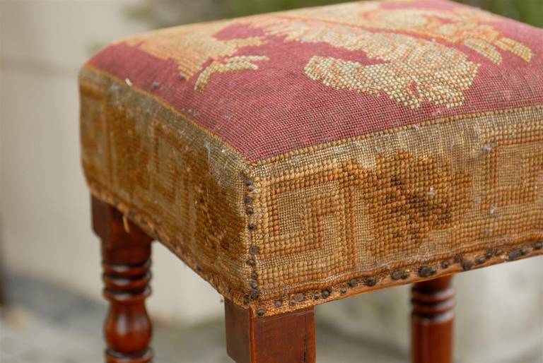 English Yew Wood Stool with Squirrel Themed Needlepoint Upholstery, circa 1860 1