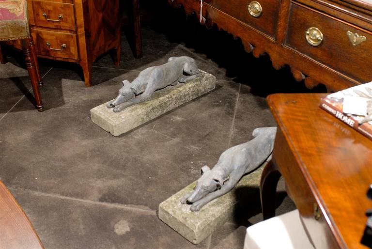 Mid-Century Modern Pair of English Lead Reclining Greyhounds Dogs on Stone Base, Mid-20th Century