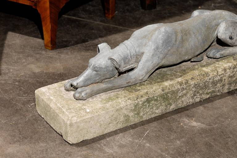 Pair of English Lead Reclining Greyhounds Dogs on Stone Base, Mid-20th Century 5